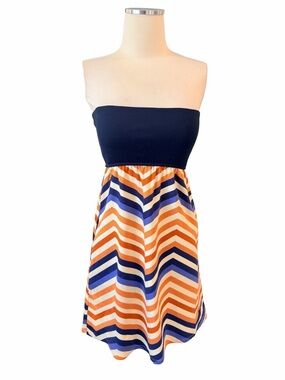 Anthropologie Judith March Navy Strapless Mini Dress Orange & White Chevron Sz S